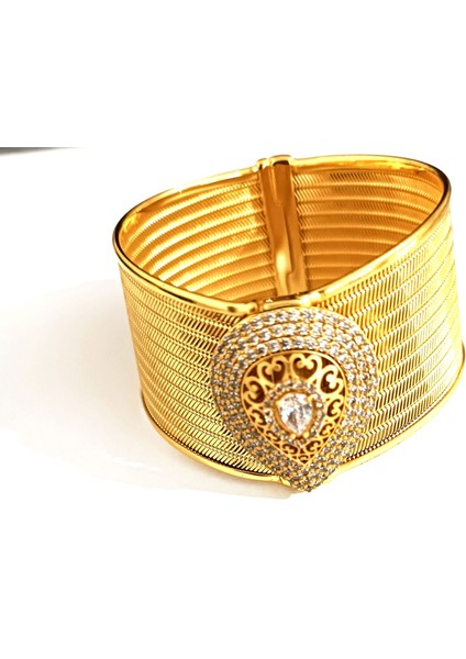 Kadın 22 Ayar Altın Kaplama Zirkon Taşlı Hasır Görünümlü Kelepçe