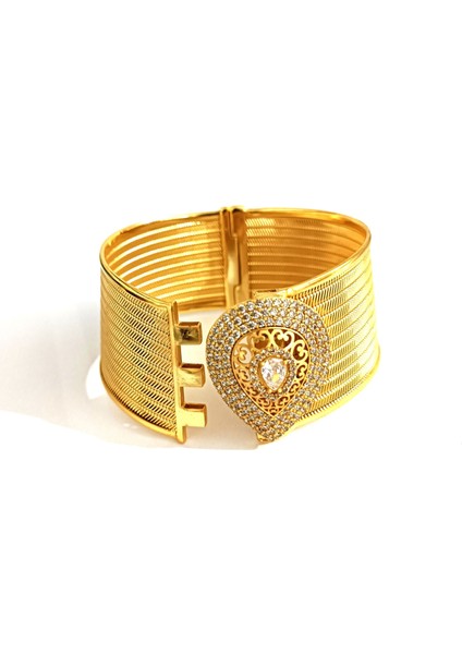 Kadın 22 Ayar Altın Kaplama Zirkon Taşlı Hasır Görünümlü Kelepçe fiyatları