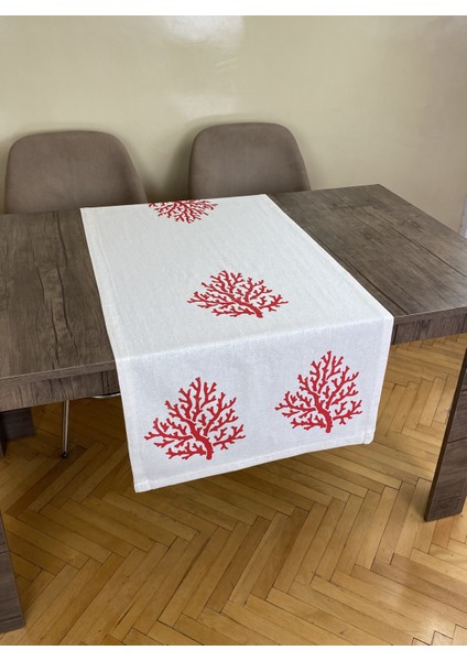 Kırmızı Mercan Desenli Runner Tahta Baskılı Taş Baskı Buldan Pamuklu Keten Bezi Şömen Ranır Mercanlı