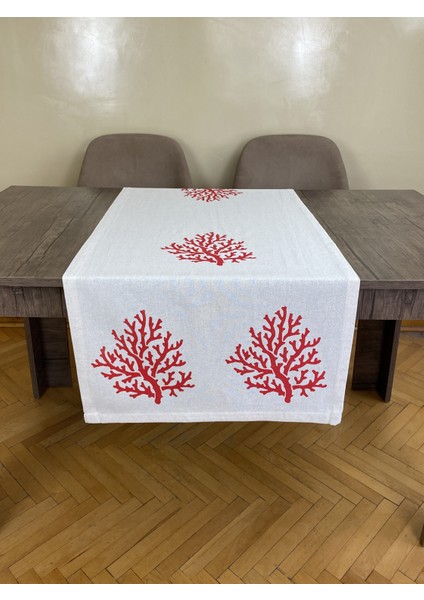 Kırmızı Mercan Desenli Runner Tahta Baskılı Taş Baskı Buldan Pamuklu Keten Bezi Şömen Ranır Mercanlı fiyatları