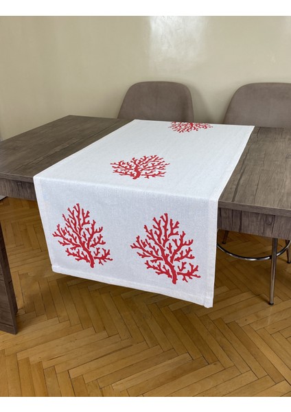 Kırmızı Mercan Desenli Runner Tahta Baskılı Taş Baskı Buldan Pamuklu Keten Bezi Şömen Ranır Mercanlı modelleri