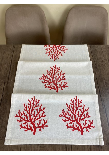 Kırmızı Mercan Desenli Runner Tahta Baskılı Taş Baskı Buldan Pamuklu Keten Bezi Şömen Ranır Mercanlı fırsatları