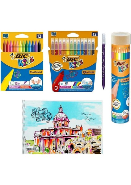 Bic Boyama Seti, Kuru Boya, Keçeli Kalem, Mum Boya, Resim Defteri