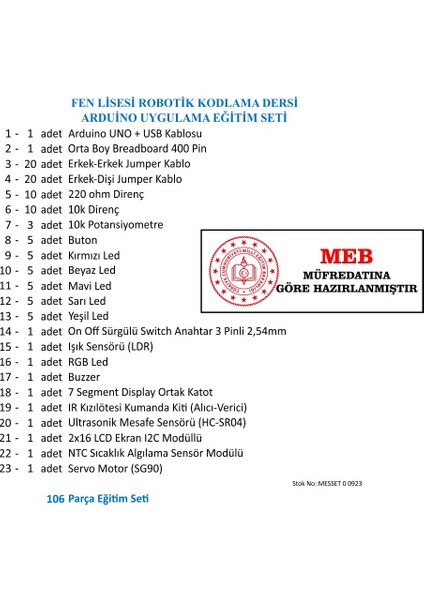 Fen Lisesi Robotik Kodlama Dersi Arduino Uygulama Eğitim Seti