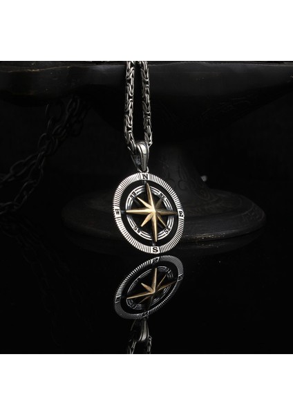 925 Ayar Gümüş 60 cm Kral Zincirli Pusula Kolye