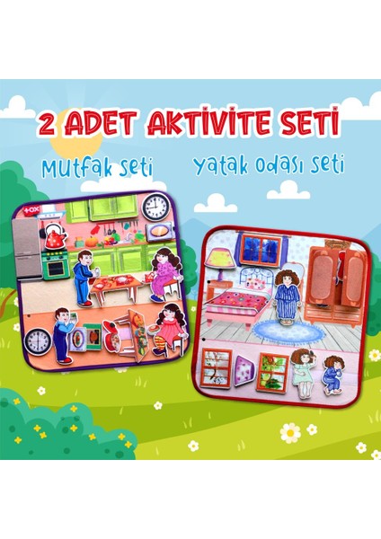 2 Set - 32 Parça Mutfak ve Yatak Odası Keçe Cırtlı Aktivite Sayfası - Çocuk Etkinlik , Eğitici Oyuncak