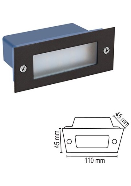 Full Reyon Mat Siyah, Dikdötgen Kasa, Sensörsüz 3 Watt Beyaz Işık LED Merdiven, Basamak, Koridor, Hol Armatürü