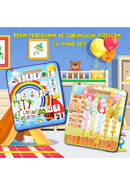 2 Set - 46 Parça Benim Programım ve Sorumluluk Çizelgem Keçe Cırtlı Duvar Panoları , Eğitici Oyuncak