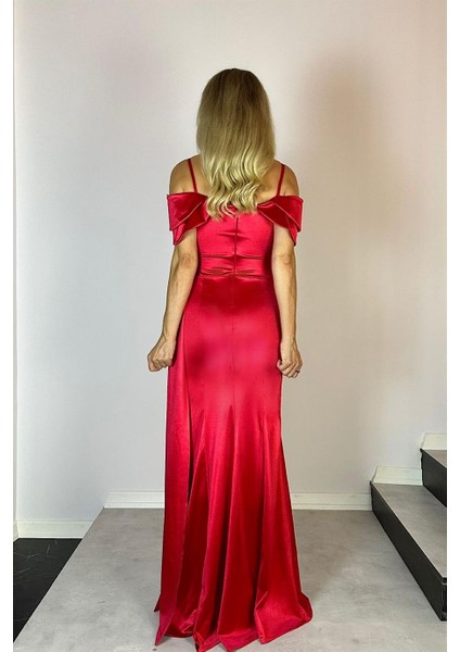 G0714 Omuz Detaylı Saten Maksi Abiye Elbise Kırmızı