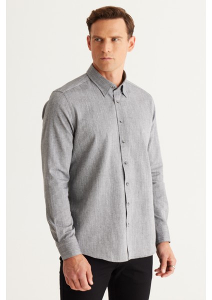 ALTINYILDIZ CLASSICS Erkek Siyah Slim Fit Dar Kesim Gizli Düğmeli Yaka Pamuklu Armürlü Gömlek