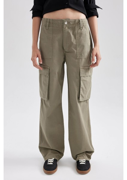 Gabardin Pantolon Straight Fit Standart Boy Yüksek Bel Kargo Cepli B0625AX23AU