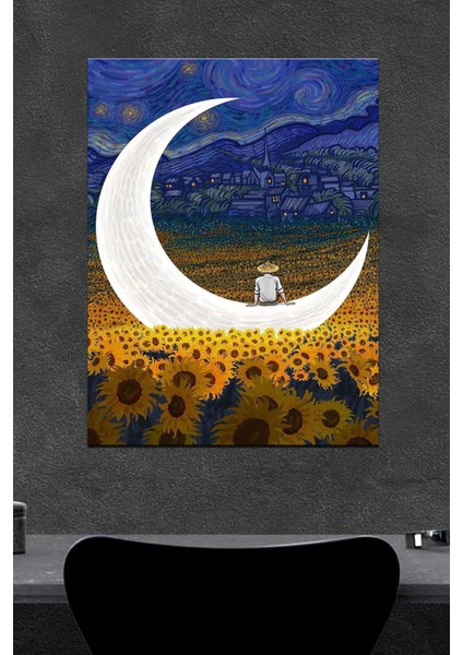 Van Gogh Parlayan Ay'da Oturan Adam Ahşap Poster (27X18)