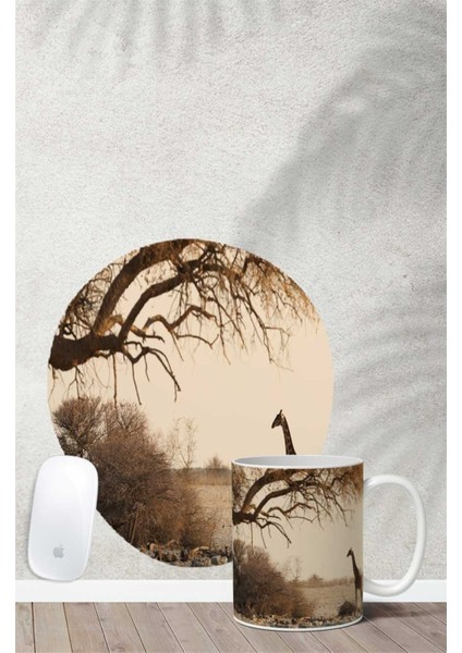 Zürafa Desenli Bilek Destekli Mouse Pad Kupa Seti