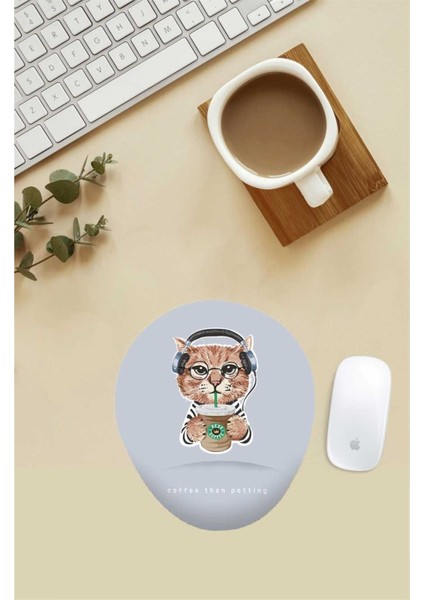 Kahve Sever Kedi Desenli Bilek Destekli Mouse Pad