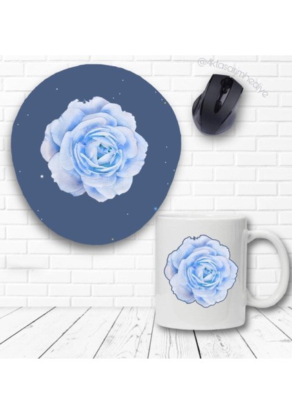 Mavi Gül Baskılı Kupa Bardak ve Bilek Destekli Mouse Pad Seti