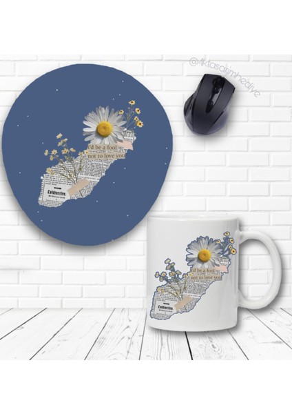 Gazete Papatya Baskılı Kupa Bardak ve Bilek Destekli Mouse Pad Seti