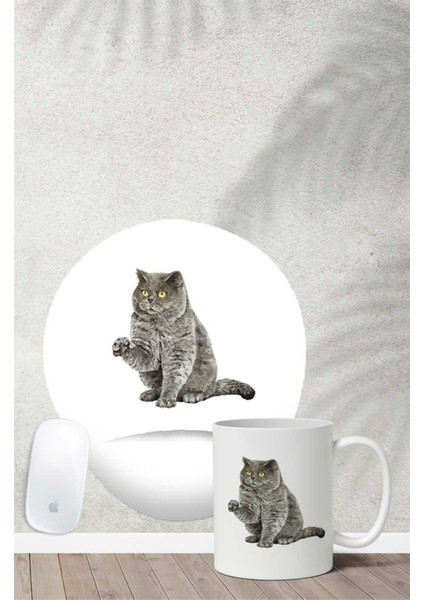British Shorthair Desenli Bilek Destekli Mouse Pad Kupa Seti