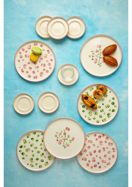 18 Parça 6 Kişilik Berthe Çiçekli Stackable Kahvaltı Takımı&Lüx Sunumlu Çay Seti