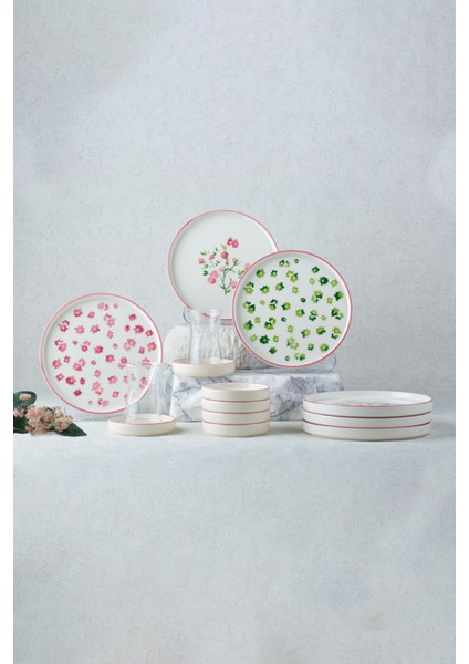 18 Parça 6 Kişilik Berthe Çiçekli Stackable Kahvaltı Takımı&Lüx Sunumlu Çay Seti fırsatları