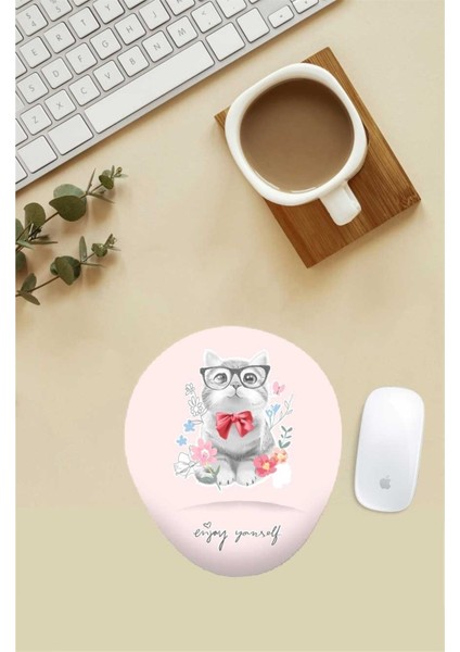 Gözlüklü Tatlı Kedi Desenli Bilek Destekli Mouse Pad