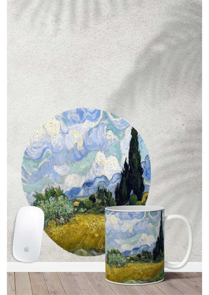 Van Gogh Wheatfield Desenli Bilek Destekli Mouse Pad Kupa Seti