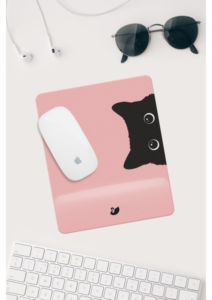 Pembe Kedi Çizimli Bilek Destekli Dikdörtgen Mouse Pad Mouse Altlığı