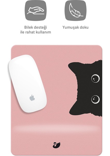 Pembe Kedi Çizimli Bilek Destekli Dikdörtgen Mouse Pad Mouse Altlığı