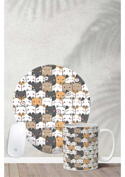 Karışık Kedi Desenli Bilek Destekli Mouse Pad Kupa Seti