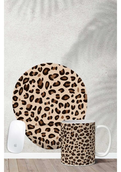 Leopar Desenli 2 Bilek Destekli Mouse Pad Kupa Seti