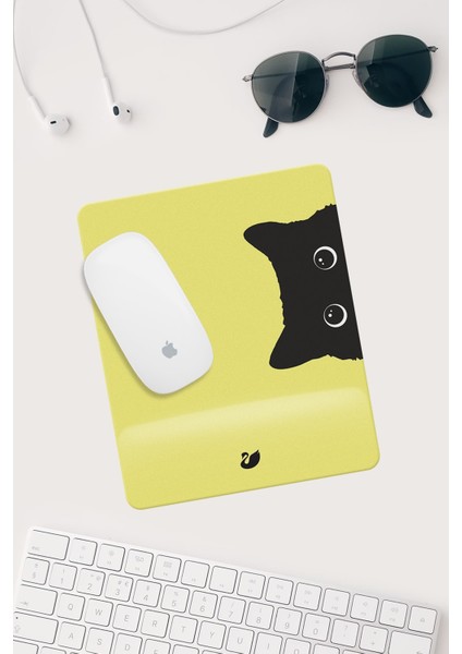 Jel Dolgulu Pvc Yüzey Sarı Kedi Çizimli Bilek Destekli Dikdörtgen Mouse Pad Mouse Altlığı