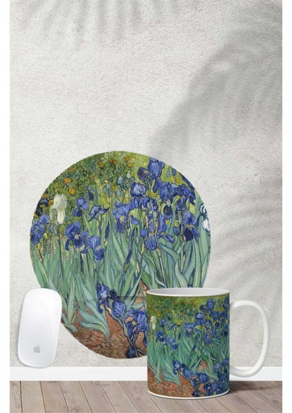 Van Gogh Irises Desenli Bilek Destekli Mouse Pad Kupa Seti