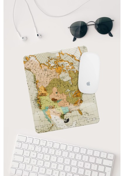 Vintage Harita Çizimli Bilek Destekli Dikdörtgen Mouse Pad Mouse Altlığı