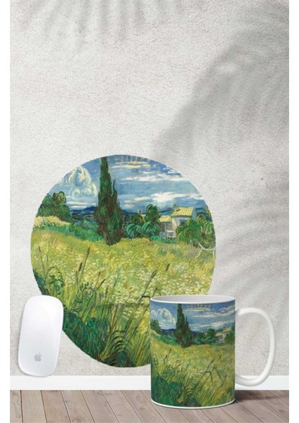 Van Gogh Greenfield Desenli Bilek Destekli Mouse Pad Kupa Seti