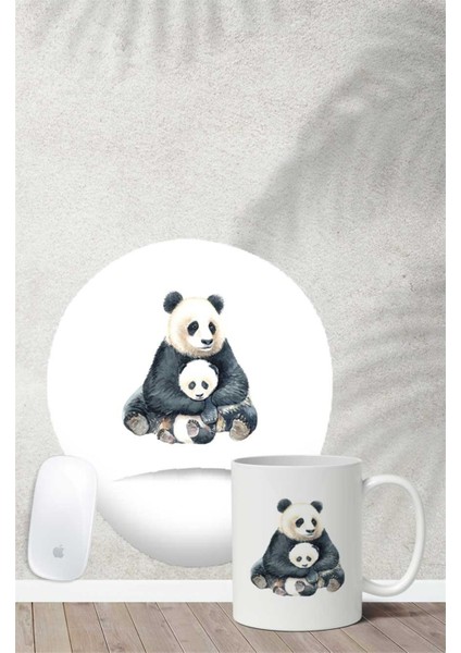 Panda Ailesi Desenli Bilek Destekli Mouse Pad Kupa Seti