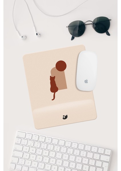Minimal Kedi Çizimli Bilek Destekli Dikdörtgen Mouse Pad Mouse Altlığı
