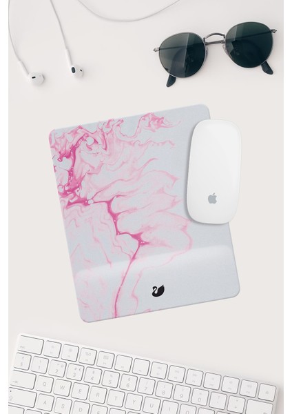 Pembe Beyaz Desenli Bilek Destekli Dikdörtgen Mouse Pad Mouse Altlığı