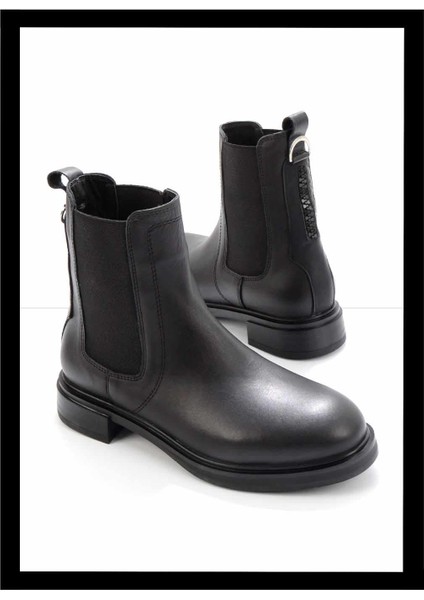Siyah Napa Hakiki Deri Kadın Bot & Bootie K02379013143