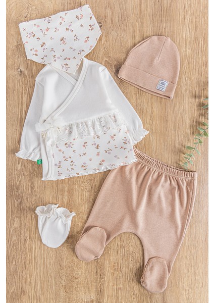 Çiçek Desenli Güpürlü 5 Parça Kız Bebek Hastane Çıkışı Bebek Takımı