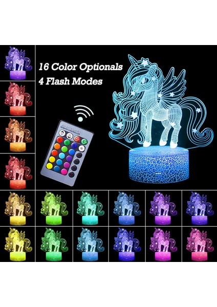 Unicorn Gece Lambası 3D Illusion Lamba Çocuk Odası Için Unicorn Işıkları 16 Renk Uzaktan Kumanda ile Yanıp Sönen Modlar Opreated Kısılabilir --- Unicorn (Yurt Dışından)