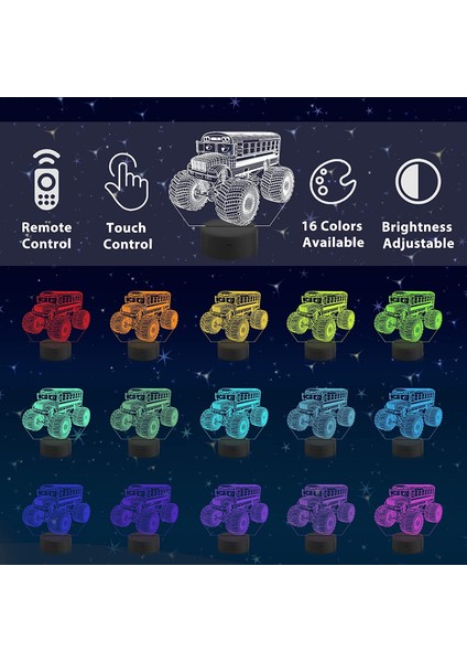 Canavar Kamyon Gece Lambası Busgo 3D Illusion Lambası 16 Renk Uzaktan Kumanda ile Değişen Yaratıcı Doğum Günü Hediyeleri Çocuklar Için Boys Yatak Odası Dekoru (Yurt Dışından) fiyatları