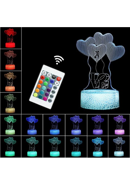 Kalp 3D LED Illusion Lamba Aşk Gece Lambası Masa Lambası Uzaktan ve Dokunmatik Kontrol 16 Renk (Yurt Dışından)
