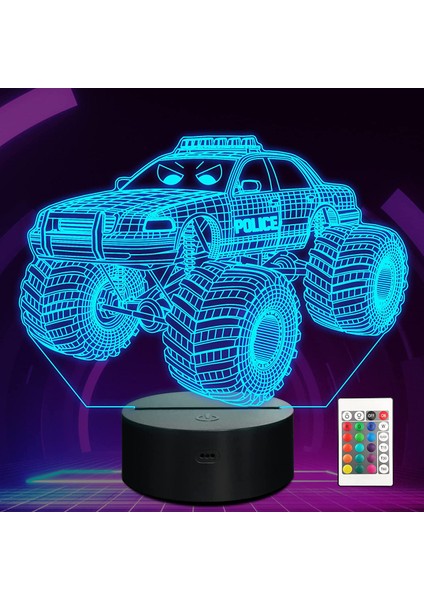 Canavar Kamyon Gece Lambası Policar 3D Illusion Lambası 16 Renk Uzaktan Kumanda ile Değişen Yaratıcı Doğum Günü Hediyeleri Çocuklar Için Boys Yatak Odası Dekoru (Yurt Dışından)