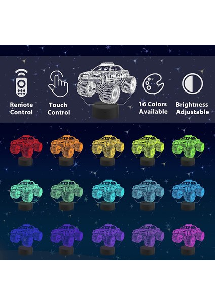Canavar Kamyon Gece Lambası Policar 3D Illusion Lambası 16 Renk Uzaktan Kumanda ile Değişen Yaratıcı Doğum Günü Hediyeleri Çocuklar Için Boys Yatak Odası Dekoru (Yurt Dışından) fiyatları