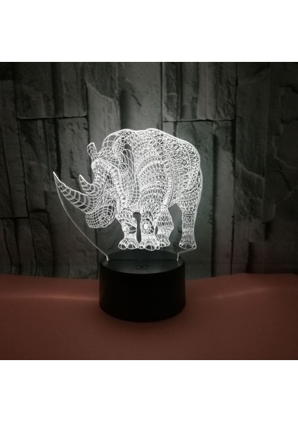 Çocuklar Için 3D Gergedan Gece Lambası 7 Renk Kısılabilir Akıllı Dokunmatik USB Şarj ile 3D LED Illusion Lamba (Yurt Dışından)