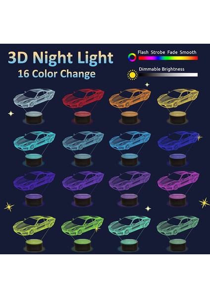 Araba 3D Hediyeler Lamba Ralli Araçları Illusion Optik Gece Lambası 16 Renk Uzaktan Kumanda ile Değişen Yatak Odası Dekor Spor Yarış Sevgilisi Çocuk Boy Erkekler Için (Yurt Dışından)