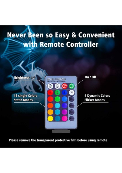 Uzaktan Dokunmatik Kontrollü Dragon Gece Işığı 16 Renk 4 Yanıp Sönme Modu ve Parlaklık Ayarlı USB Pillerle Çalışır - Dragon E (Yurt Dışından) modelleri