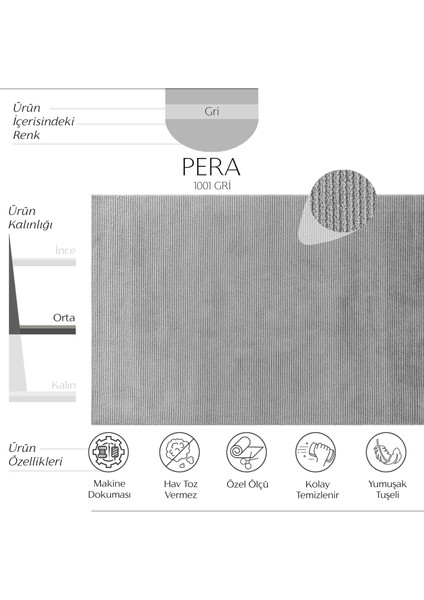 Pera 1001 Gri Hav Vermez Kolay Temizlenir Yumuşak Dokulu Modern Kesme Halı