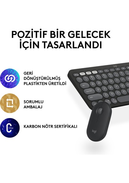 Pebble 2 Set Çoklu Cihaz Özellikli Sessiz Kablosuz Türkçe Q Klavye ve Mouse Seti - Grafit