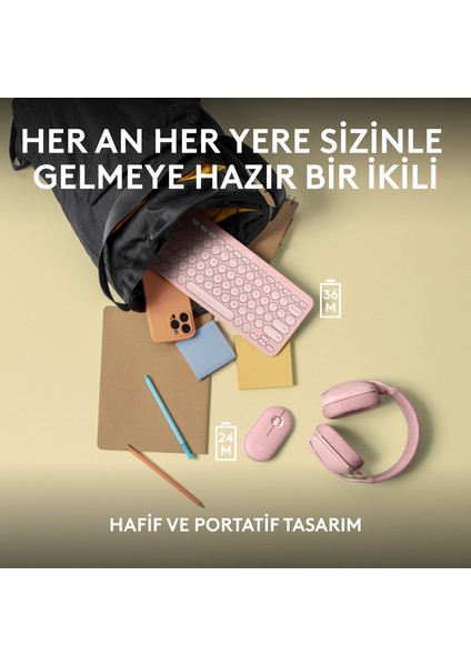 Pebble 2 Set Çoklu Cihaz Özellikli Sessiz Kablosuz Türkçe Q Klavye ve Mouse Seti - Pembe