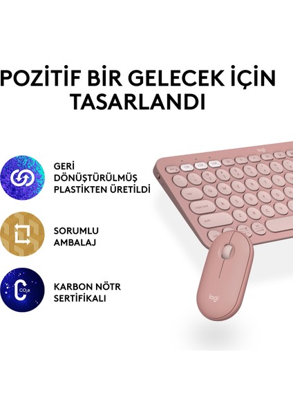 Pebble 2 Set Çoklu Cihaz Özellikli Sessiz Kablosuz Türkçe Q Klavye ve Mouse Seti - Pembe